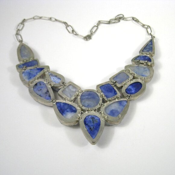 Druzy Quartz Sterling Silver 925 Statement Necklace Adjustable Chain Bib 23 inch - Picture 6 of 9